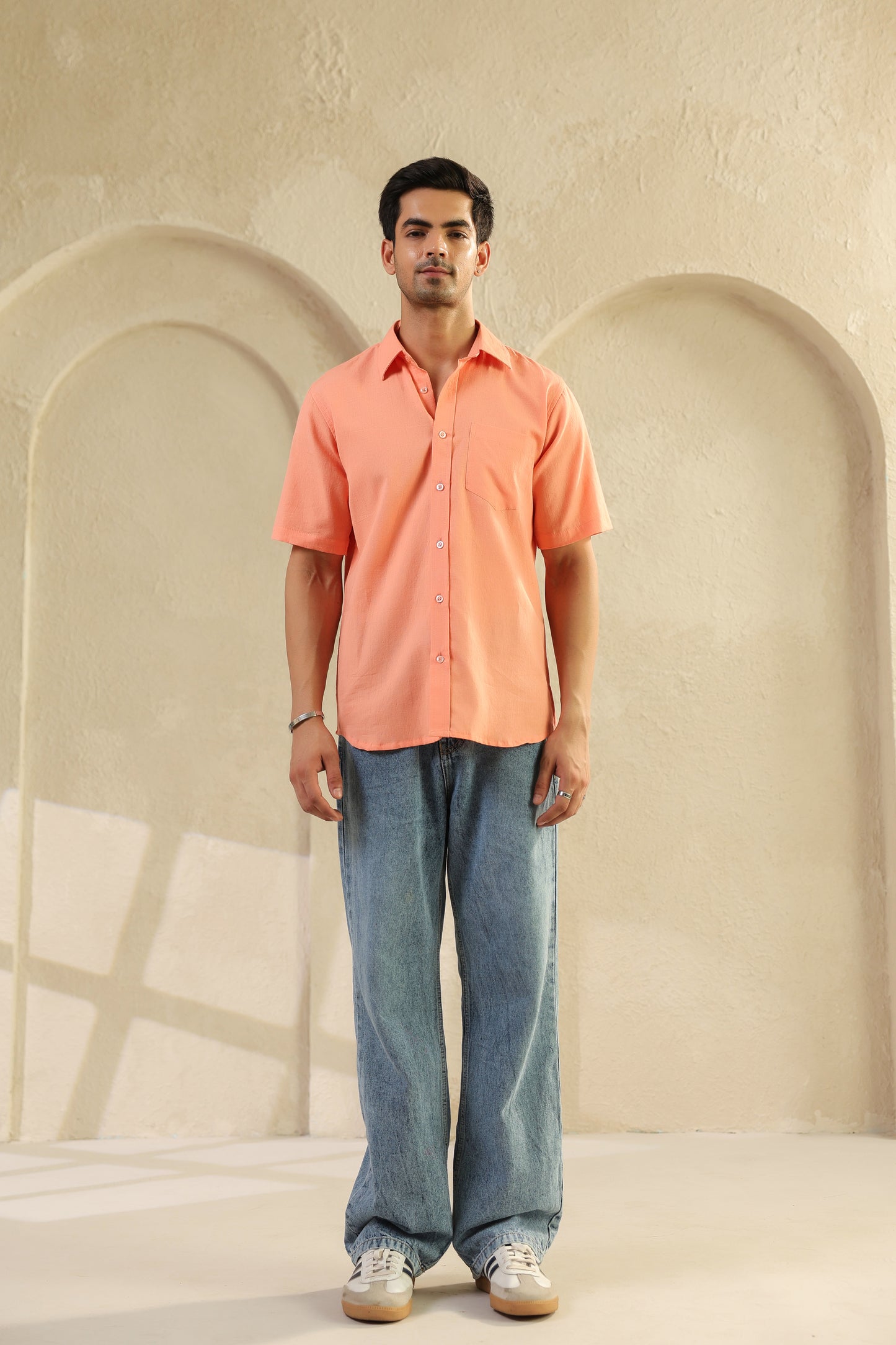 Peach Linen Blend Half Sleeve Shirt