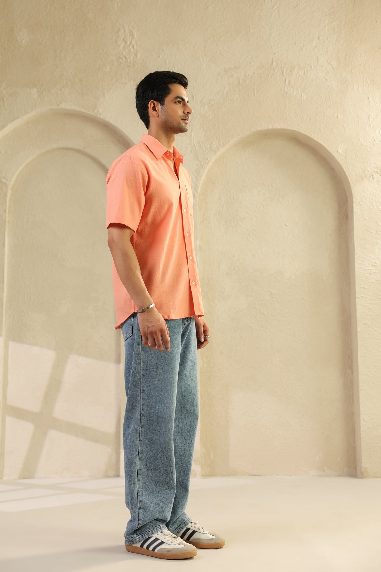 Peach Linen Blend Half Sleeve Shirt