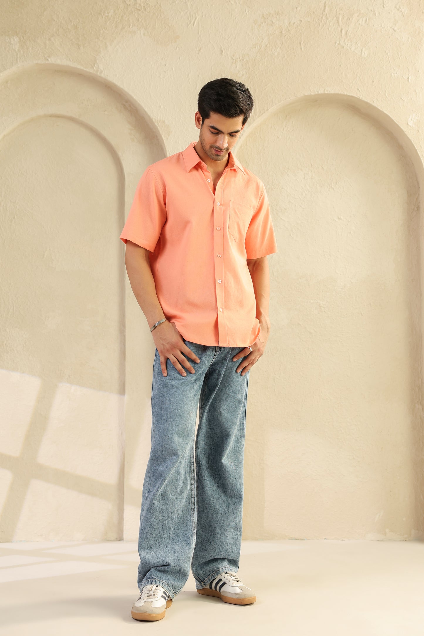 Peach Linen Blend Half Sleeve Shirt