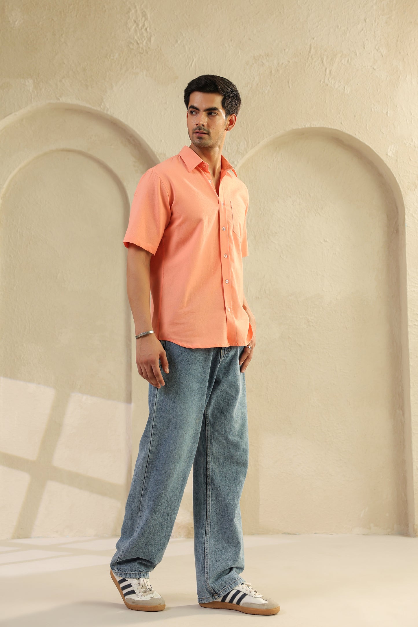 Peach Linen Blend Half Sleeve Shirt