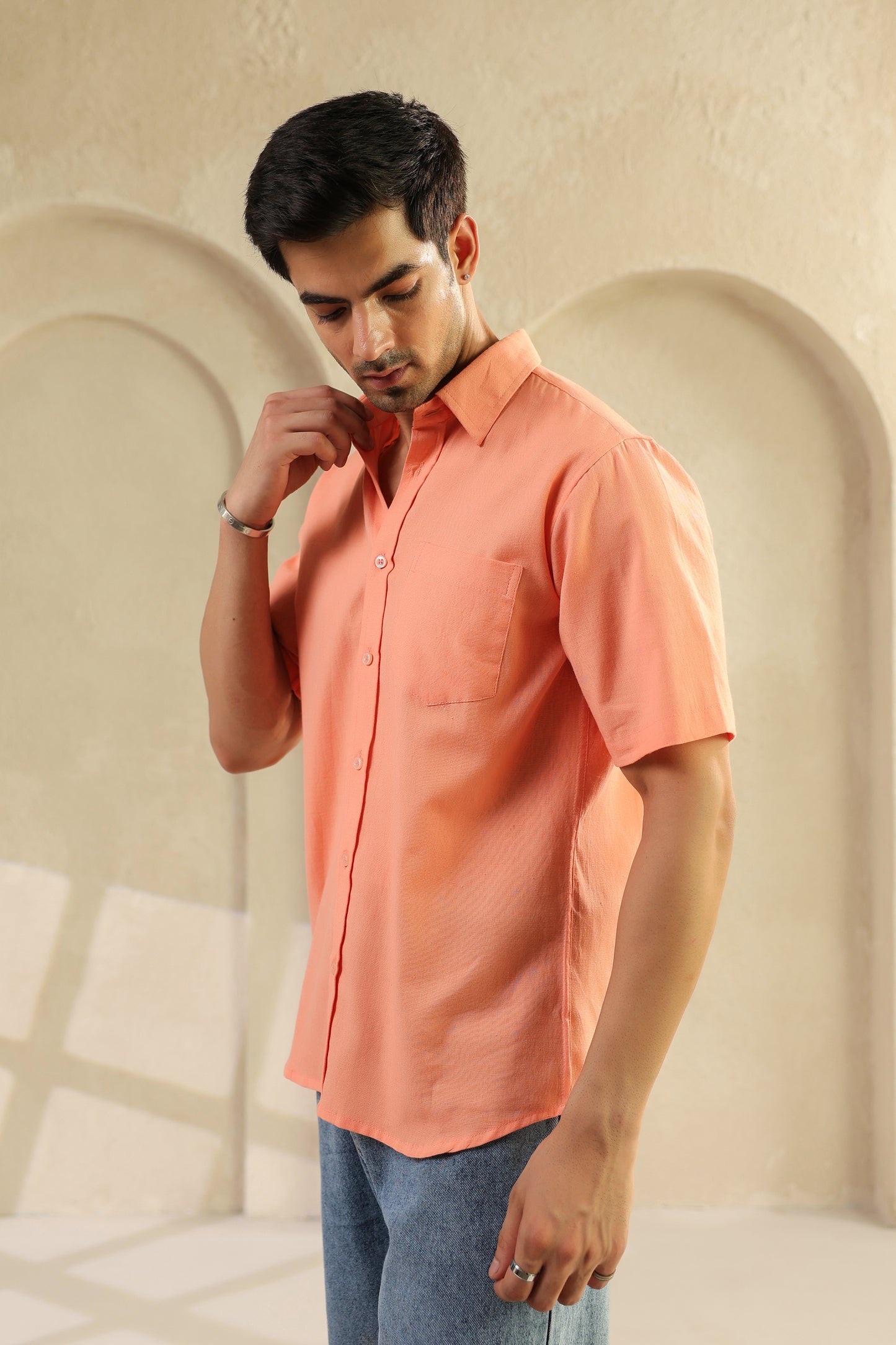 Peach Linen Blend Half Sleeve Shirt