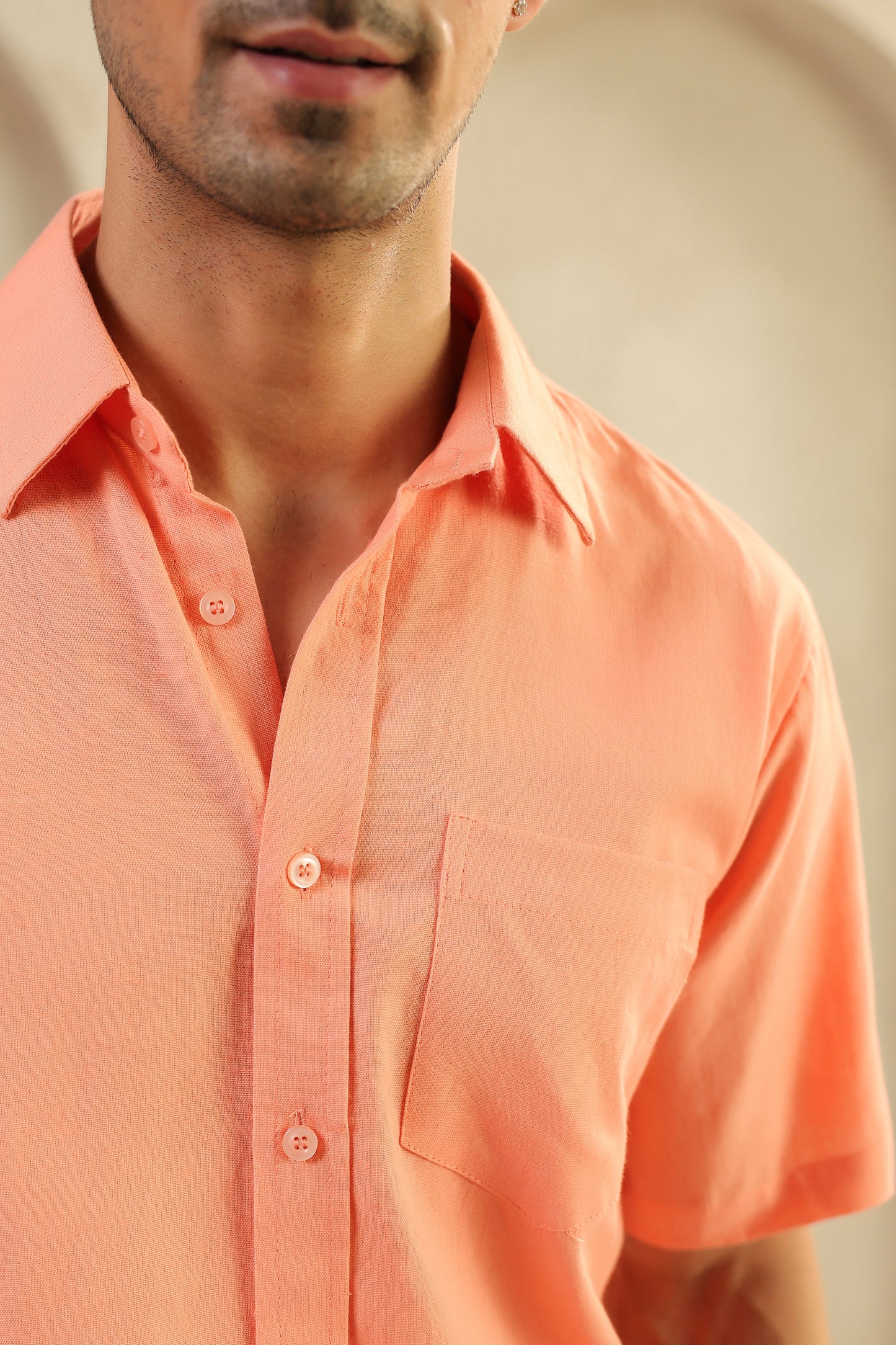 Peach Linen Blend Half Sleeve Shirt