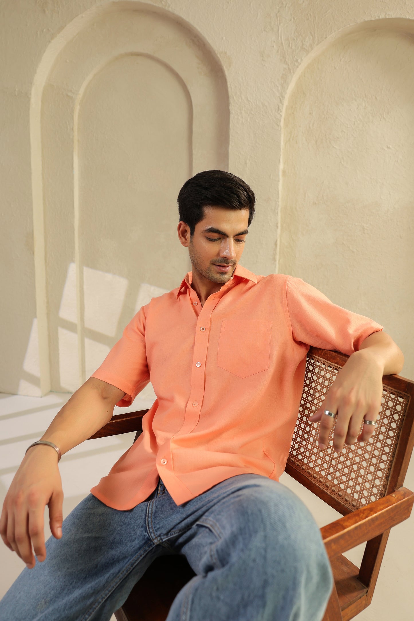 Peach Linen Blend Half Sleeve Shirt