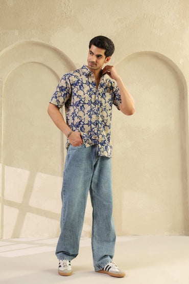Blue Floral Cotton Half Sleeve Shirt