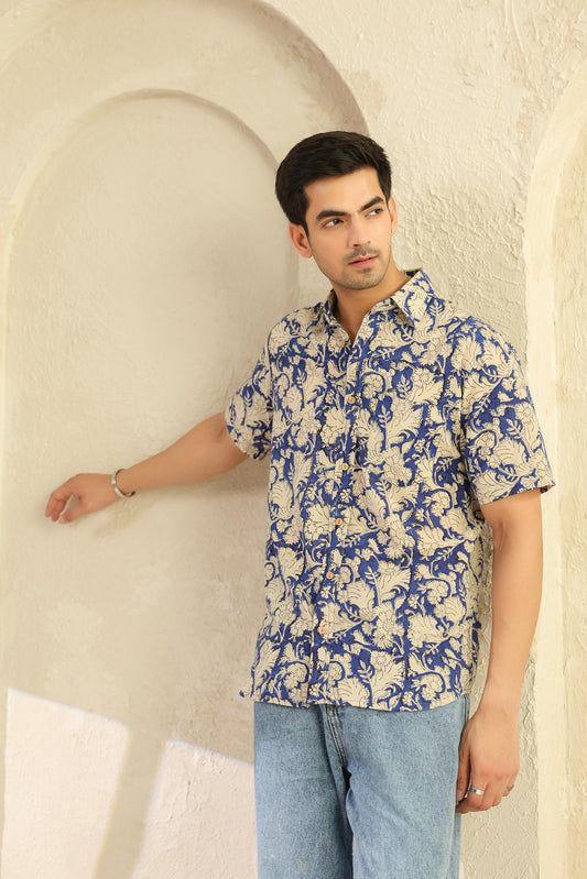 Blue Floral Cotton Half Sleeve Shirt