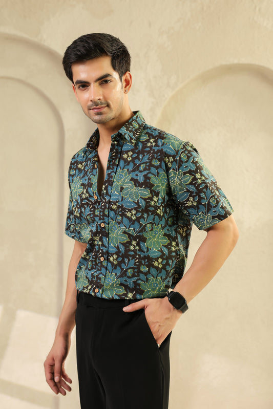 Black Blue Half Sleeve Cotton Shirt