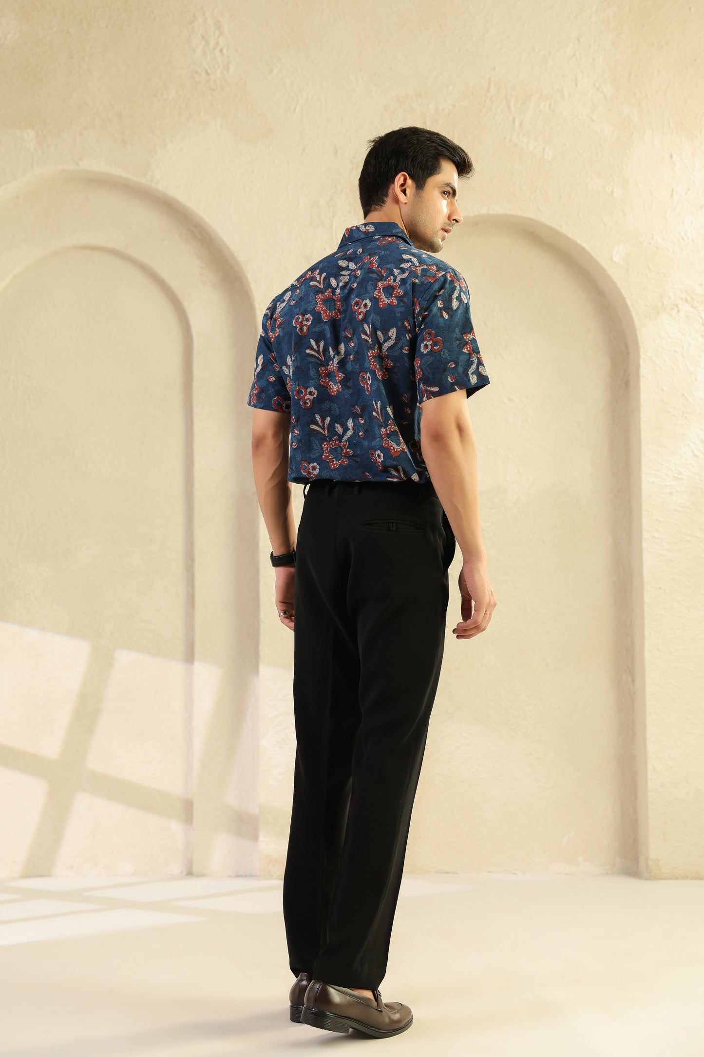 Indigo Floral Cotton Half Sleeve Shirt