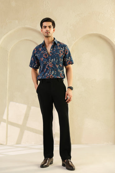 Indigo Floral Cotton Half Sleeve Shirt
