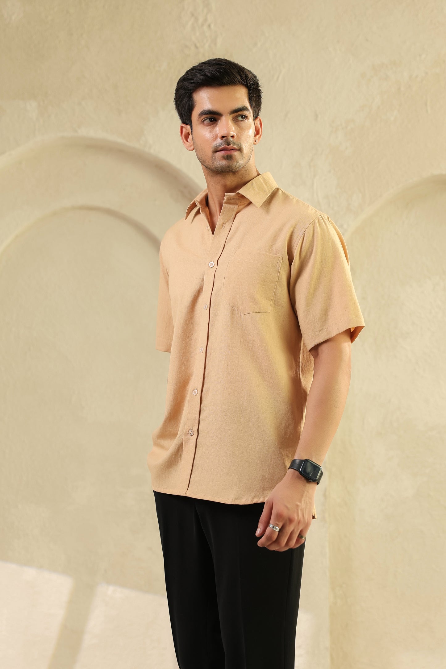 Beige Linen Blend Half sleeve shirt