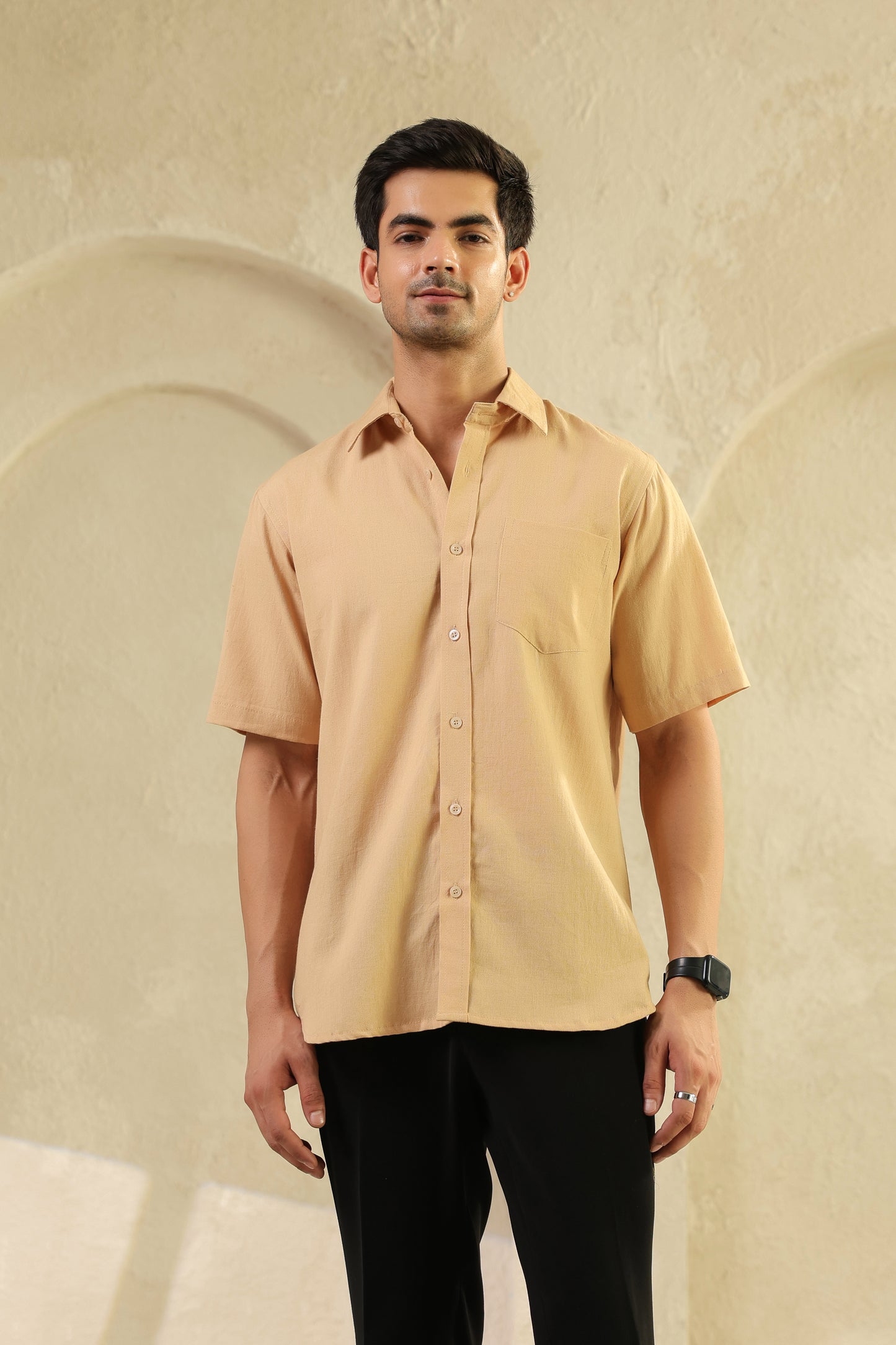 Beige Linen Blend Half sleeve shirt