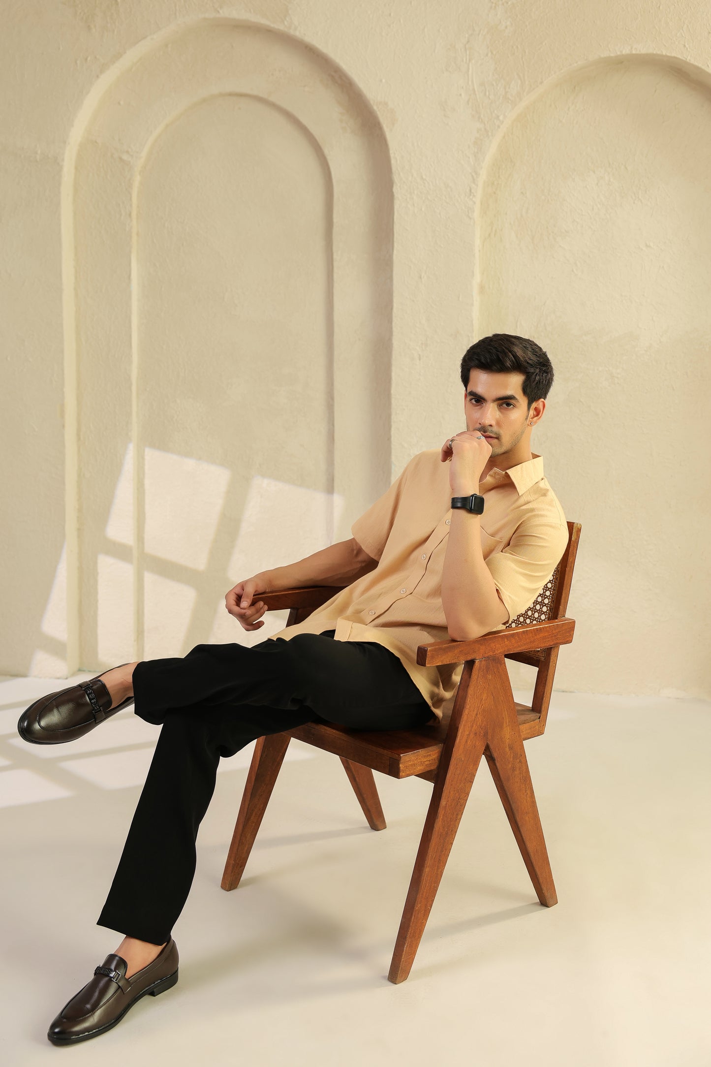 Beige Linen Blend Half sleeve shirt