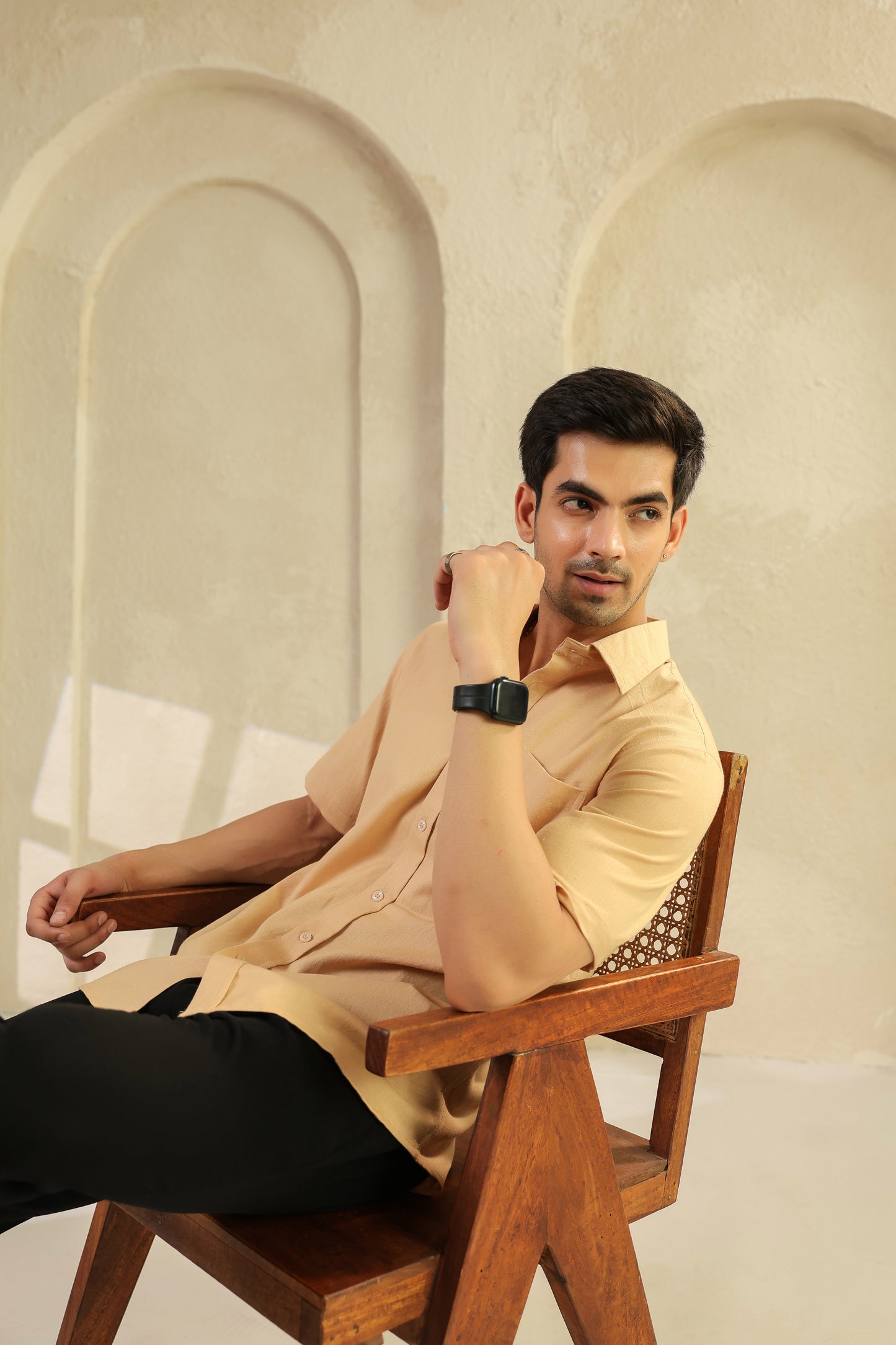 Beige Linen Blend Half sleeve shirt