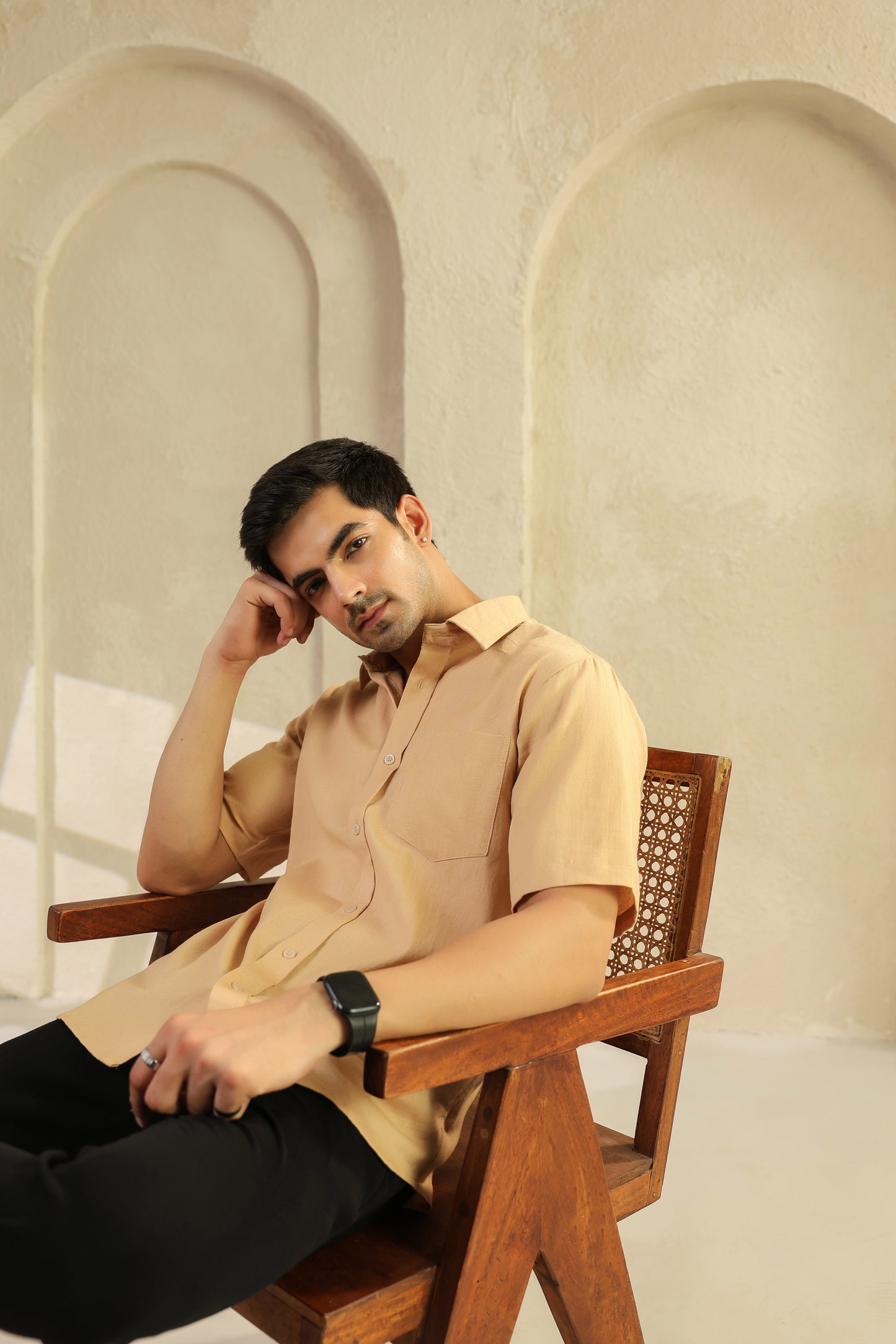 Beige Linen Blend Half sleeve shirt