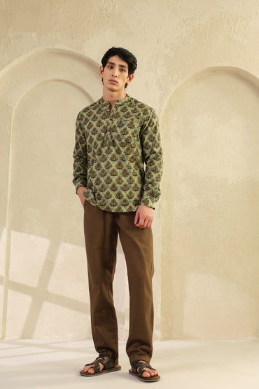 Olive Printed Cotton Kurta Shirt
