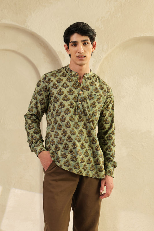 Olive Printed Cotton Kurta Shirt