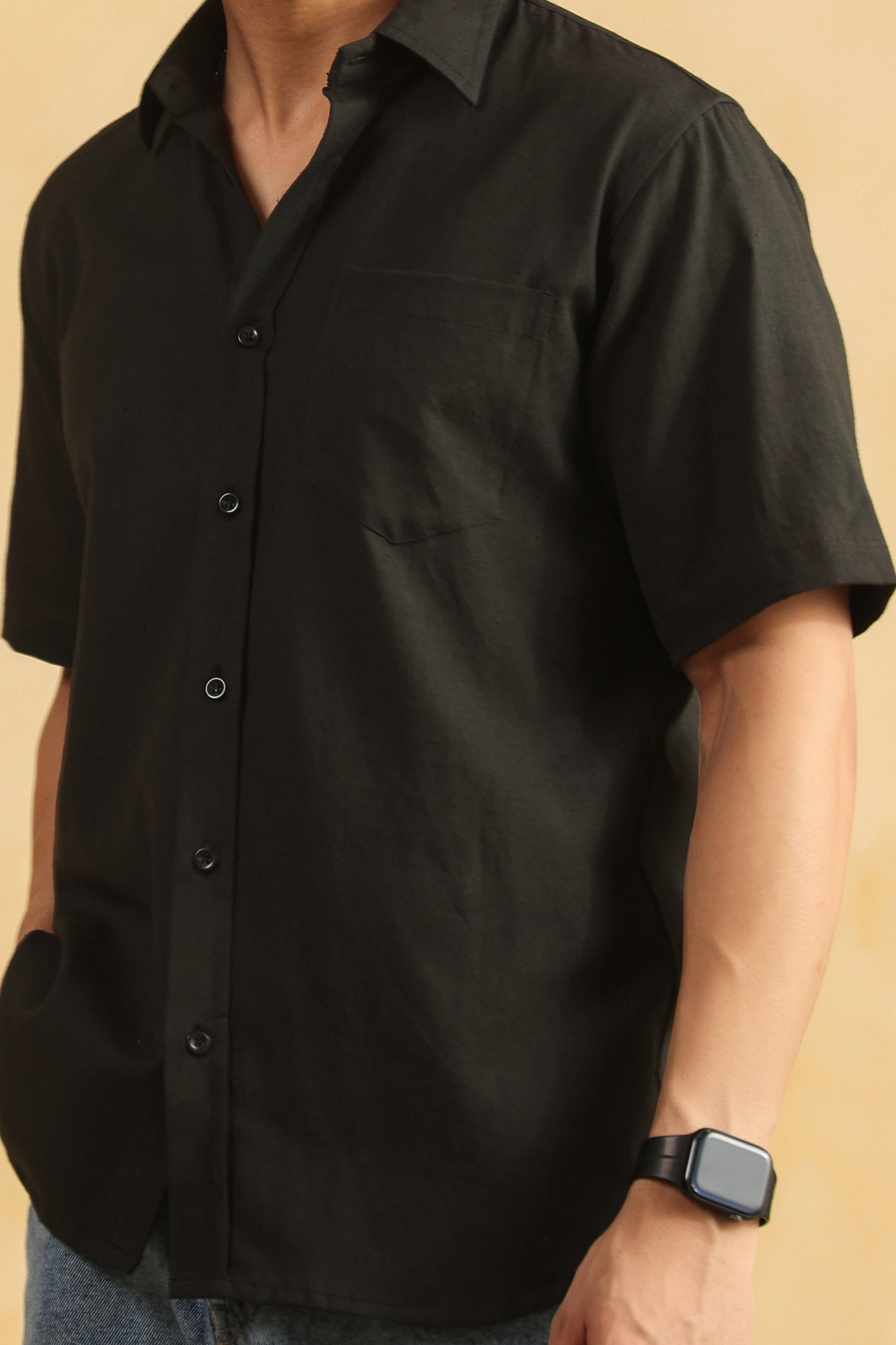 Black Linen blend Half sleeve shirt