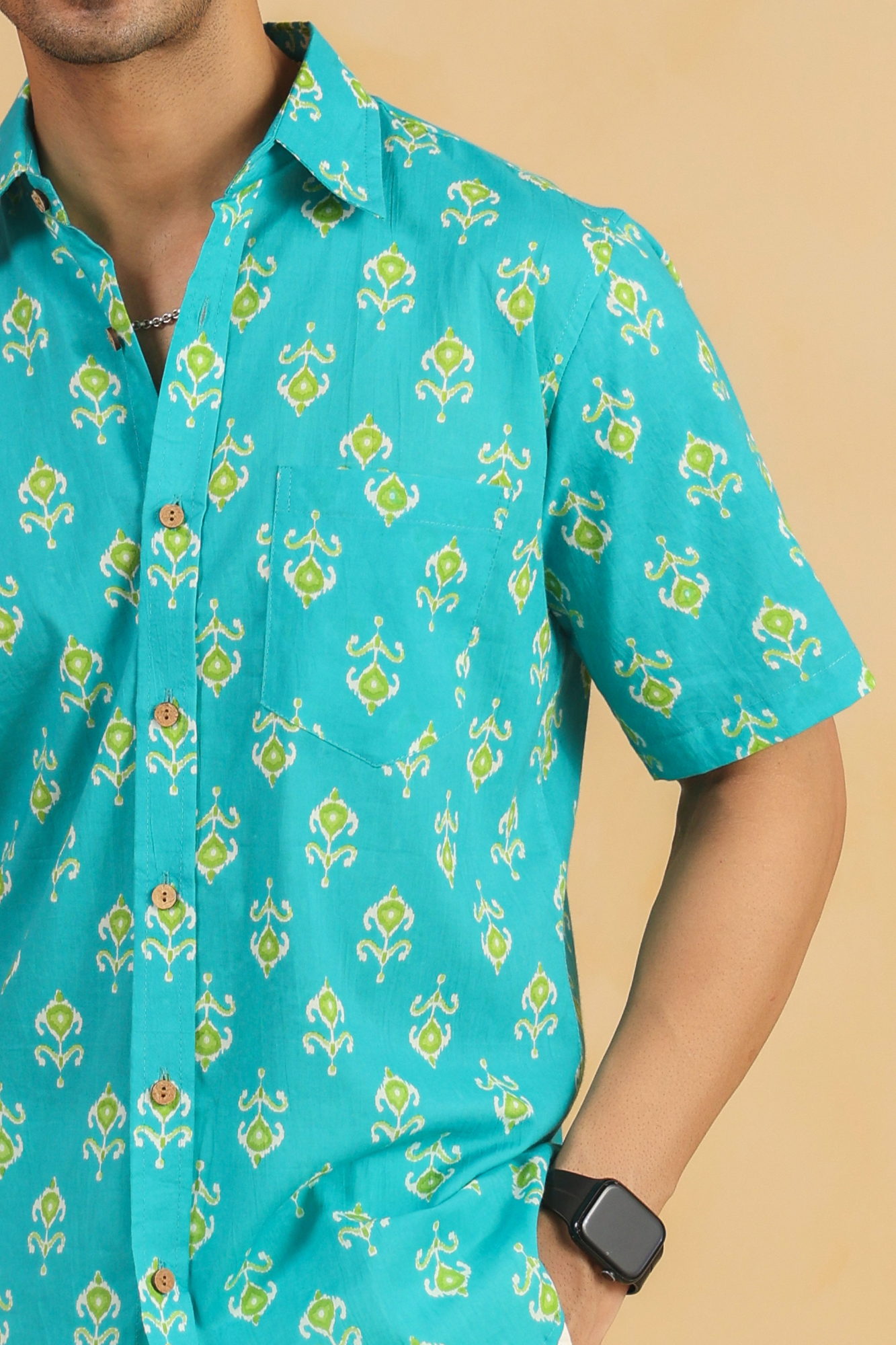 Turquoise Cotton Half Sleeve Shirt