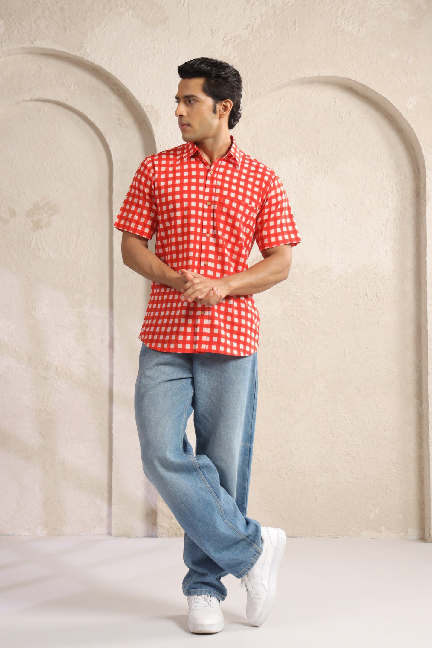 Red checks half sleeve shirt