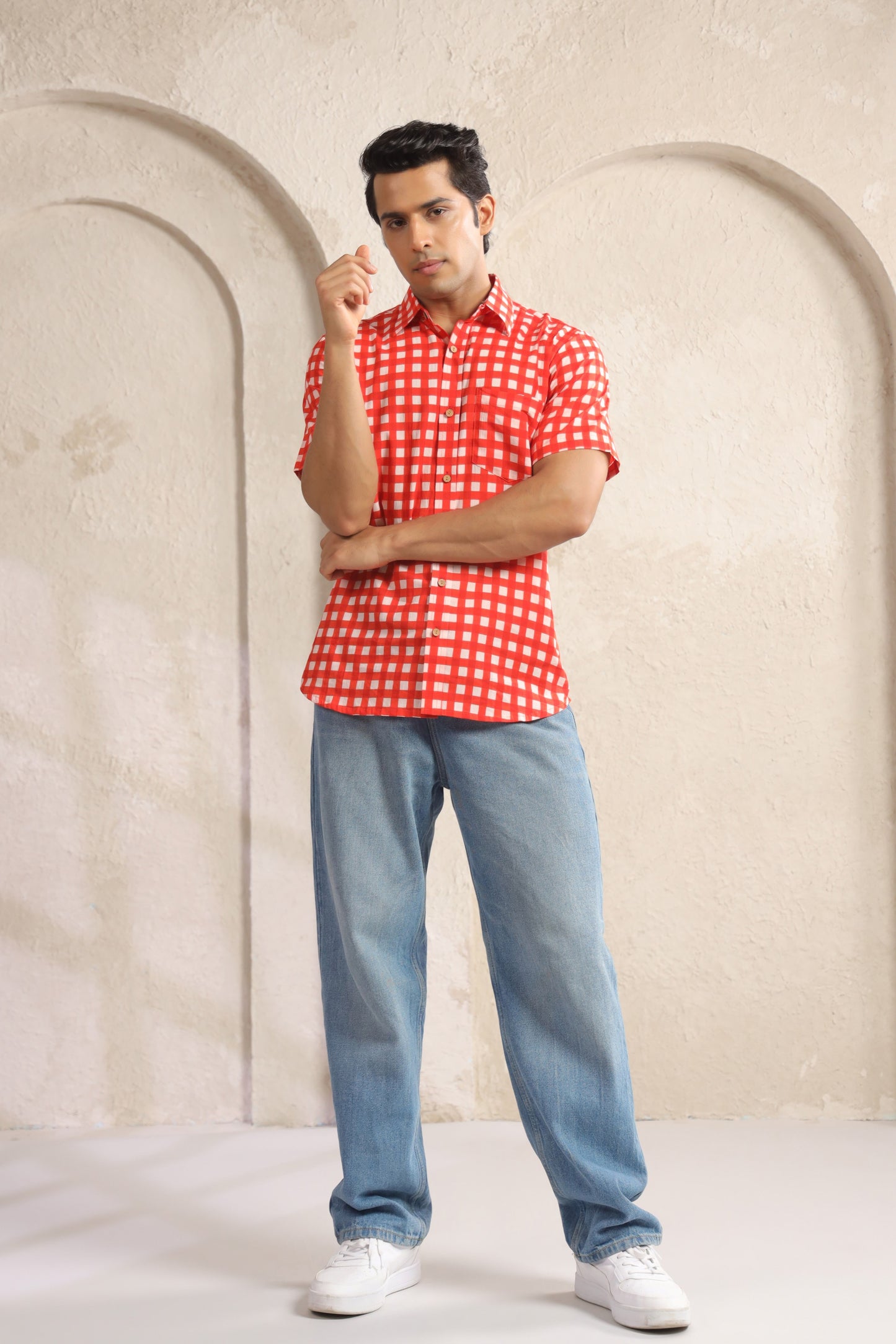 Red checks half sleeve shirt