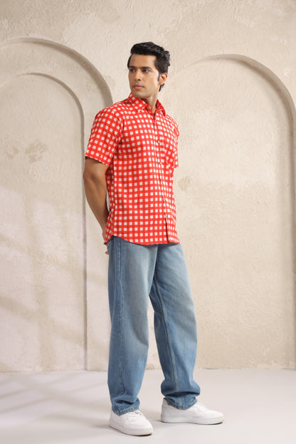 Red checks half sleeve shirt
