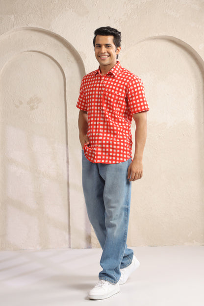 Red checks half sleeve shirt