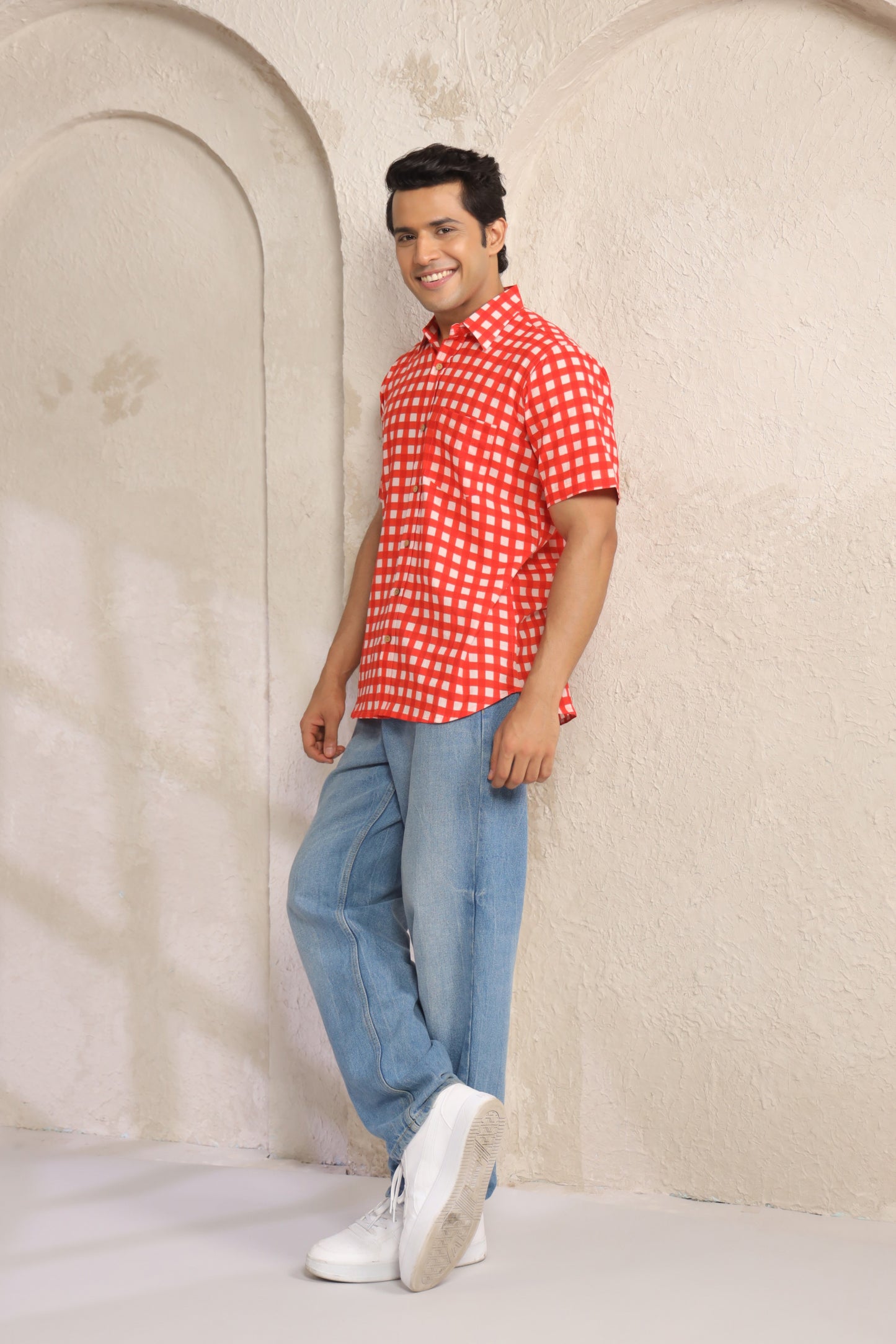 Red checks half sleeve shirt