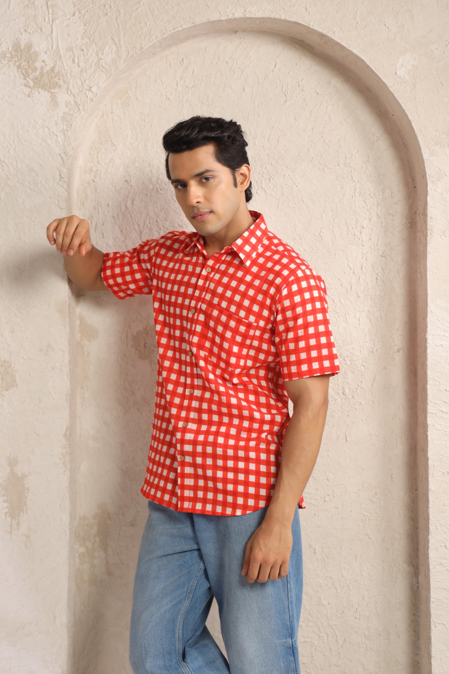 Red checks half sleeve shirt