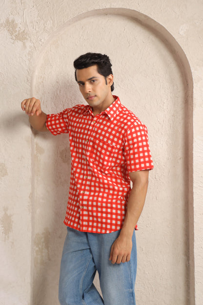 Red checks half sleeve shirt