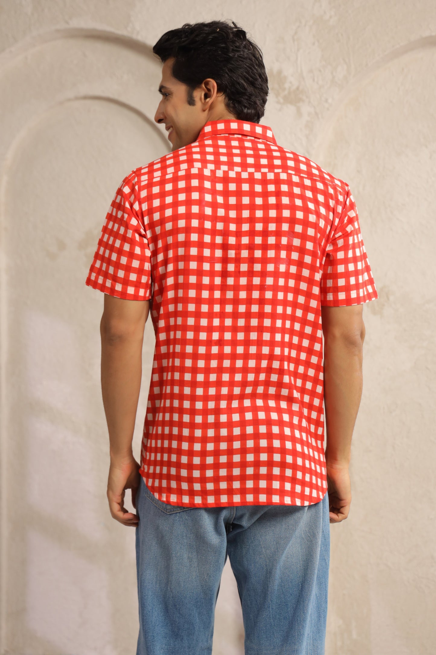 Red checks half sleeve shirt