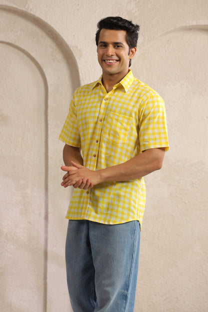 Yellow Checks Regular Fit Shirt