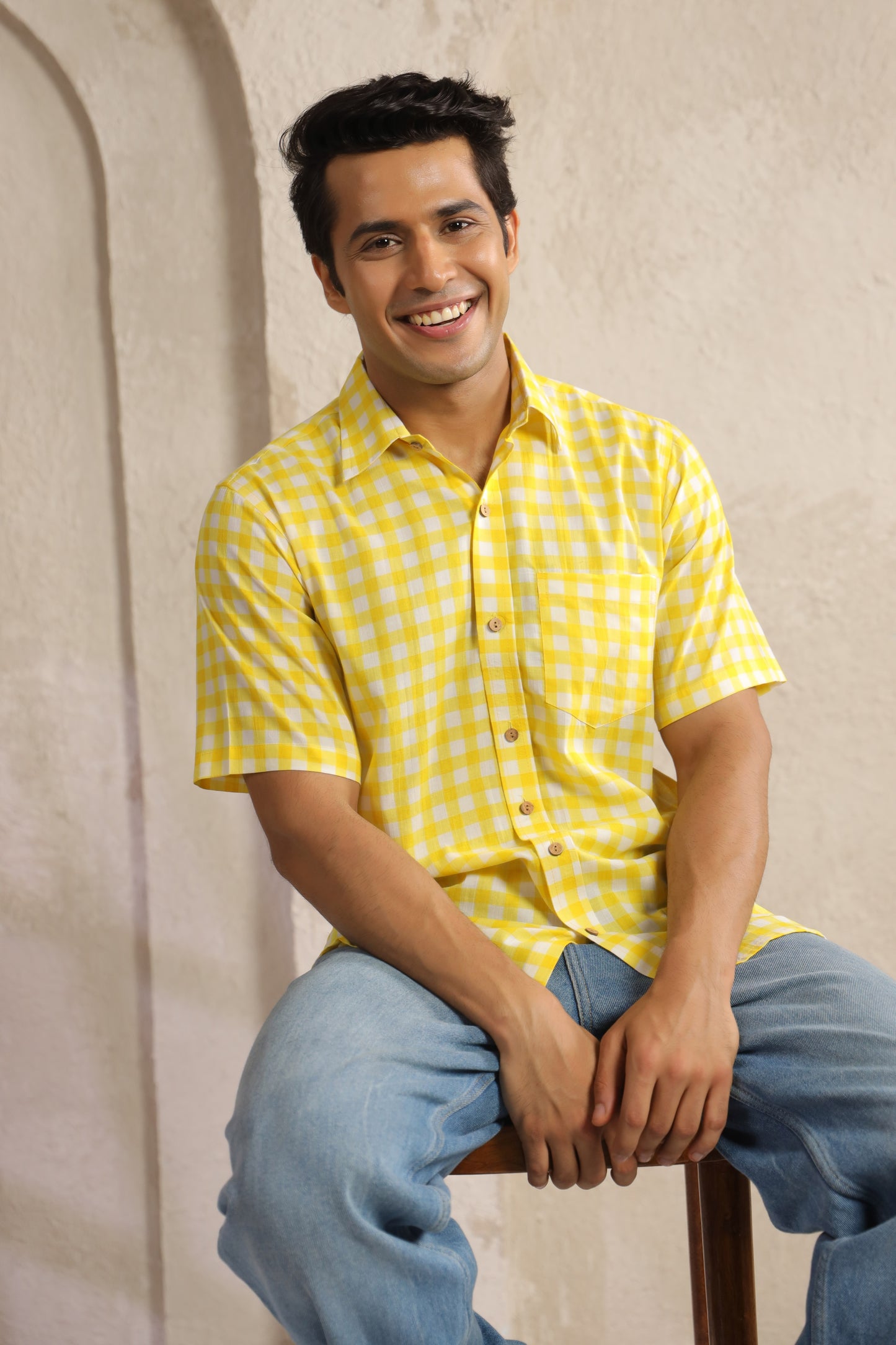 Yellow Checks Regular Fit Shirt
