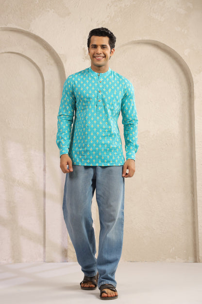 Turquoise Cotton Regular Shirt Kurta