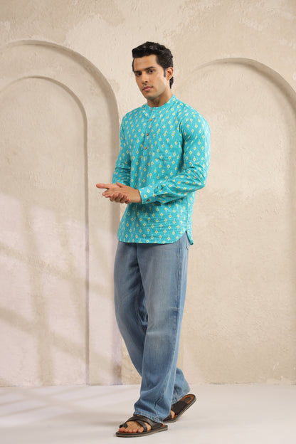 Turquoise Cotton Regular Shirt Kurta