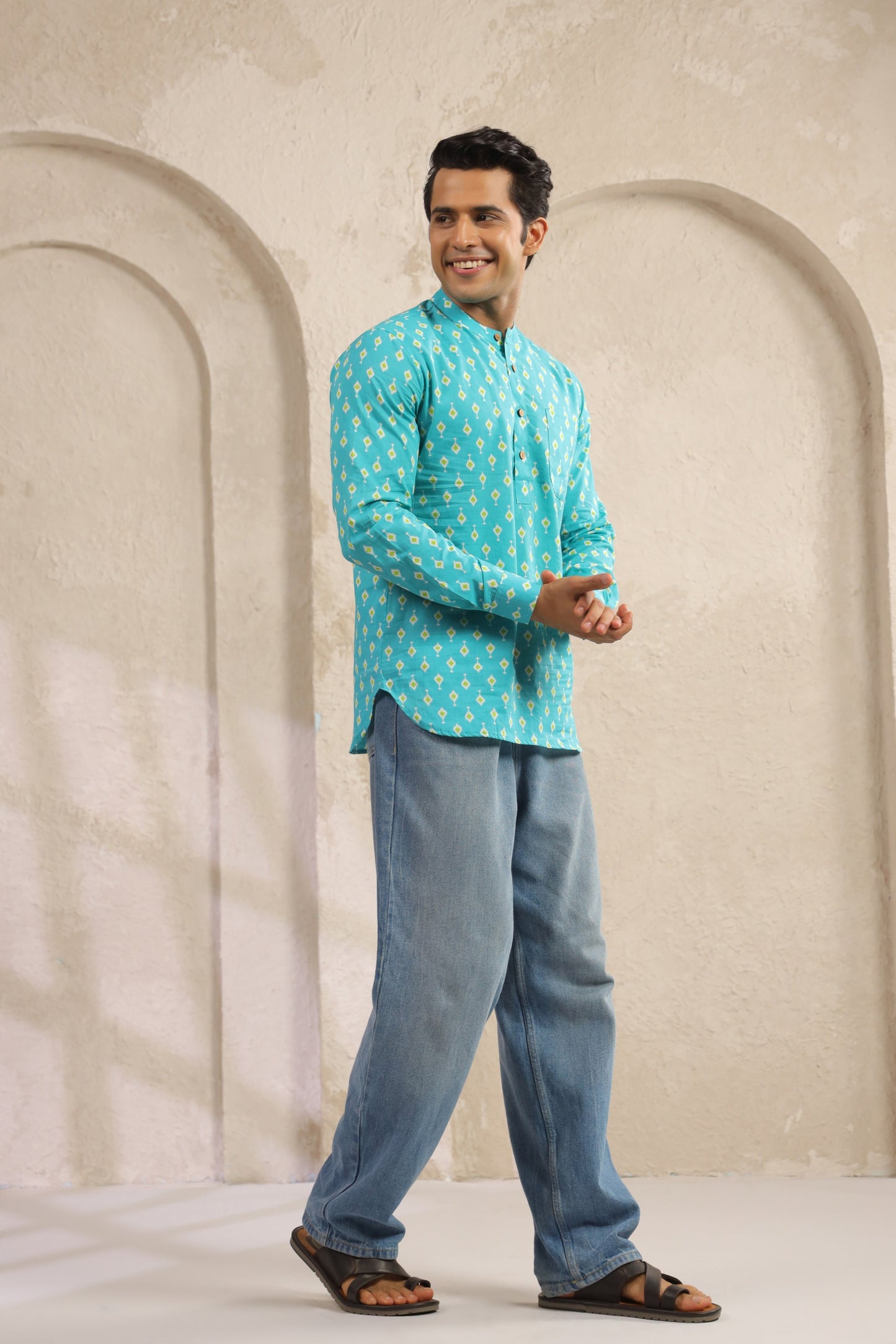 Turquoise Cotton Regular Shirt Kurta
