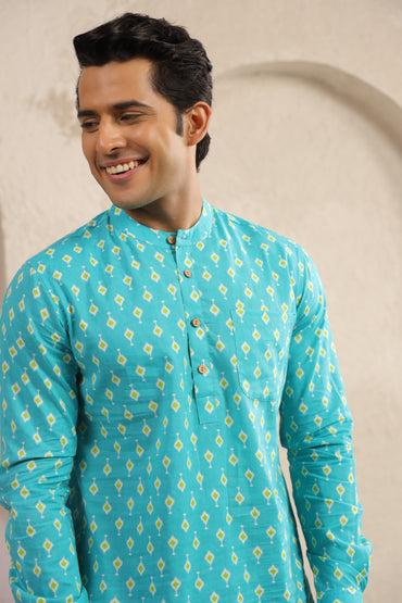 Turquoise Cotton Regular Shirt Kurta