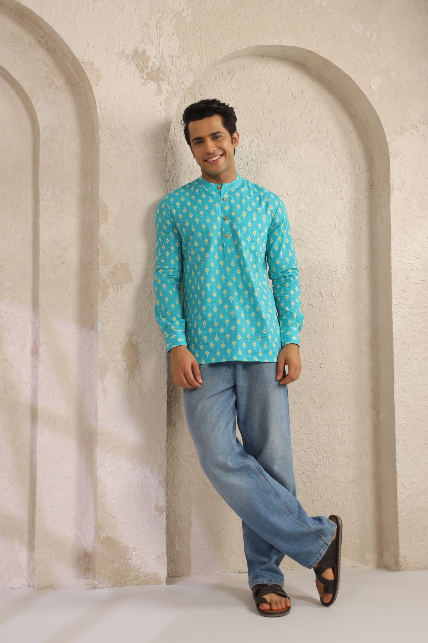 Turquoise Cotton Regular Shirt Kurta