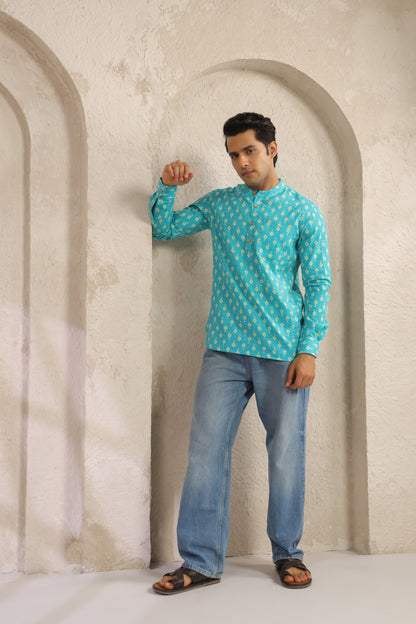 Turquoise Cotton Regular Shirt Kurta