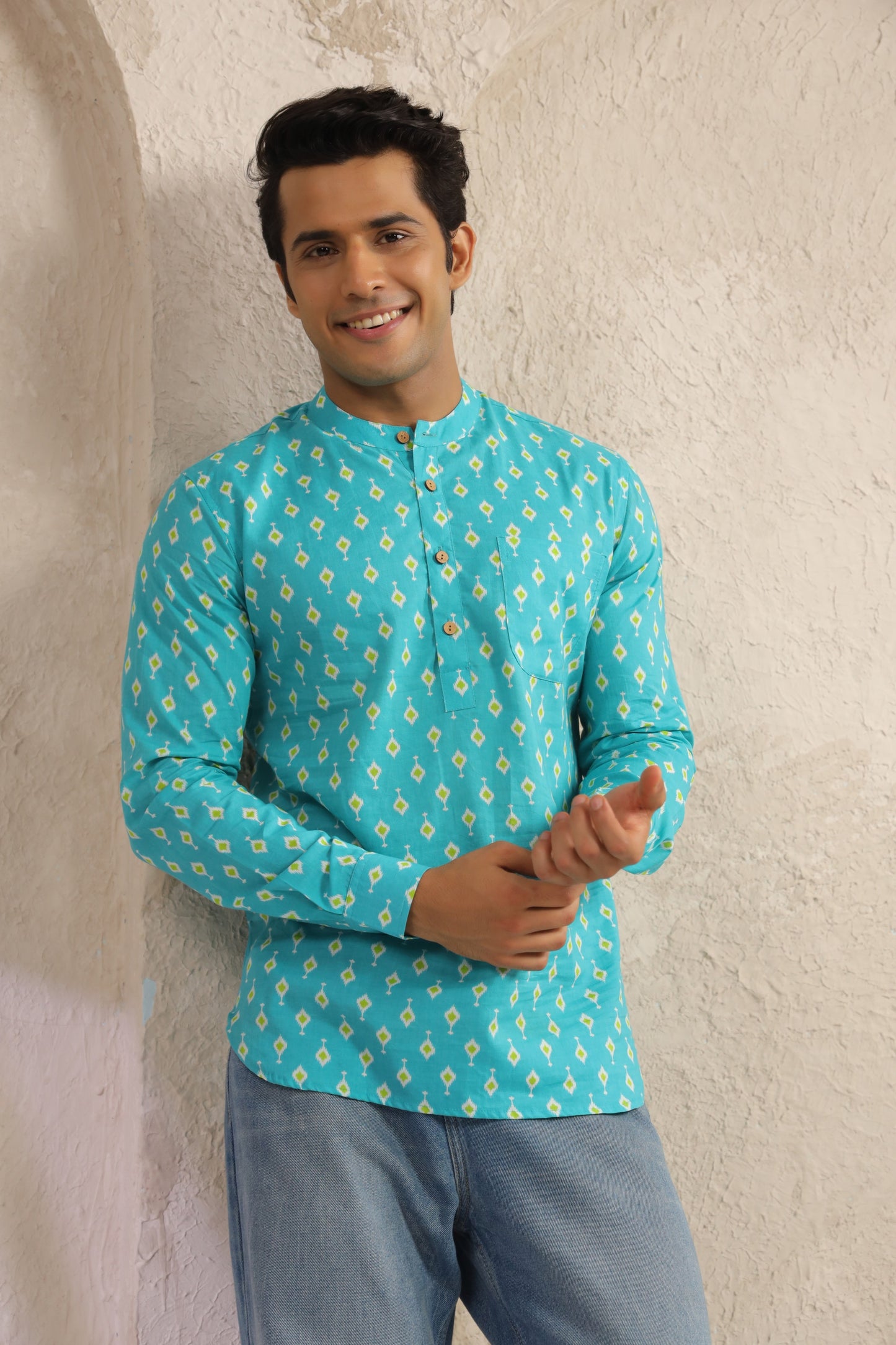Turquoise Cotton Regular Shirt Kurta