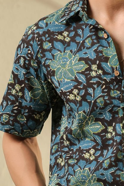 Black Blue Half Sleeve Cotton Shirt