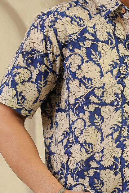 Blue Floral Cotton Half Sleeve Shirt