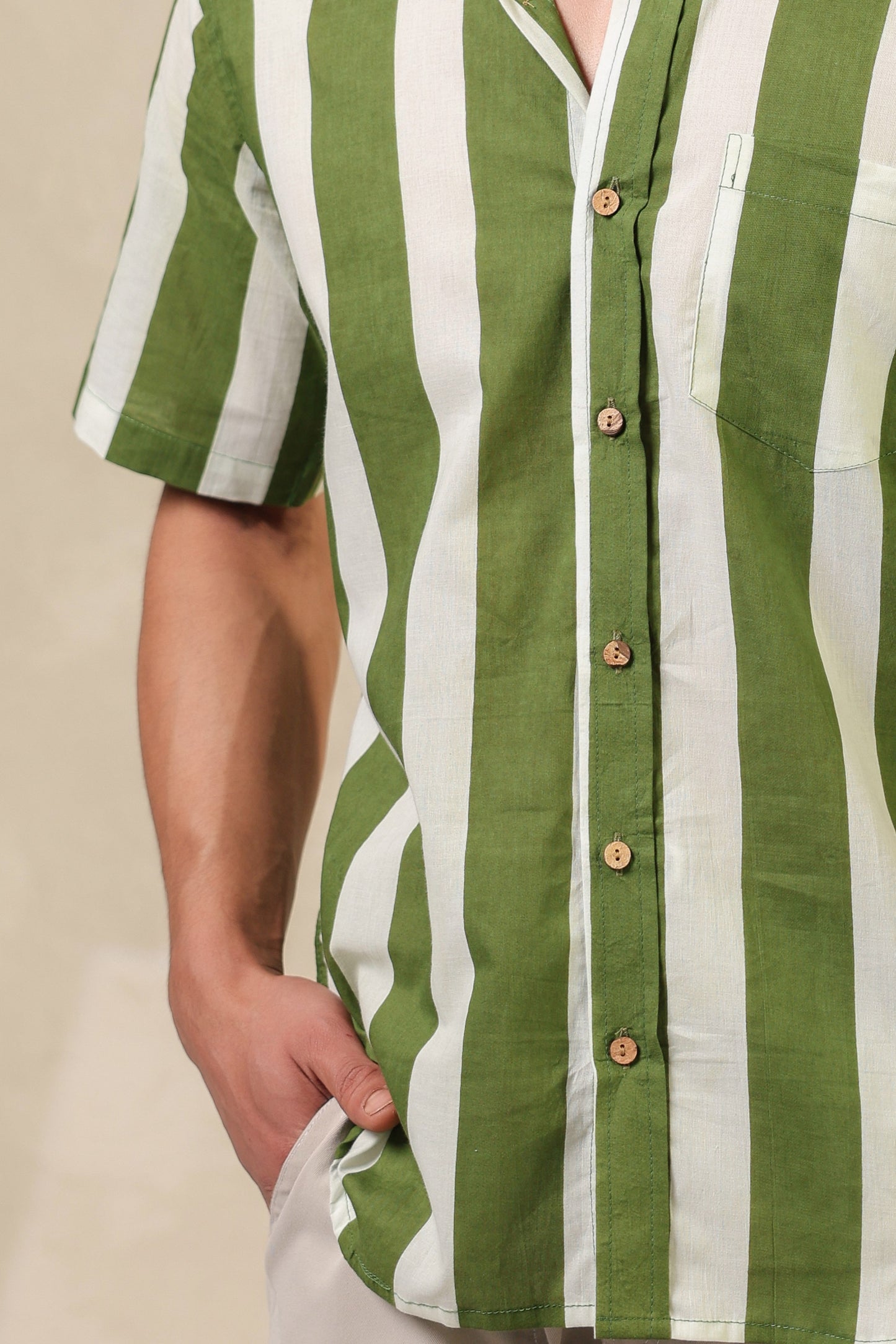 Green Stripe Cotton Regular Shirt