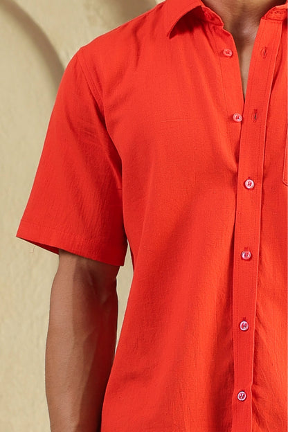 Red Linen Blend Half Sleeve Shirt