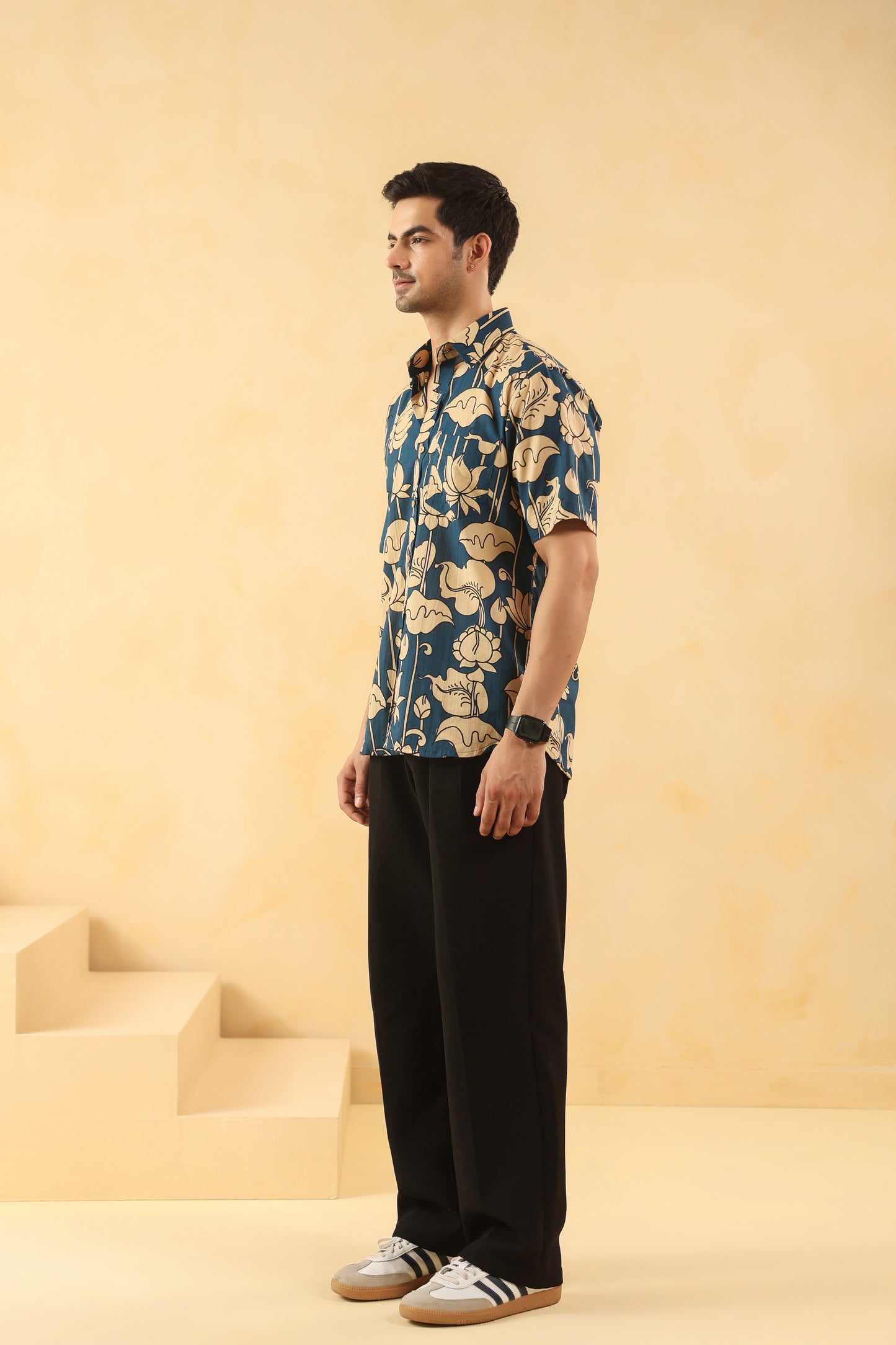 Blue Bud Cotton Half Sleeve Shirt