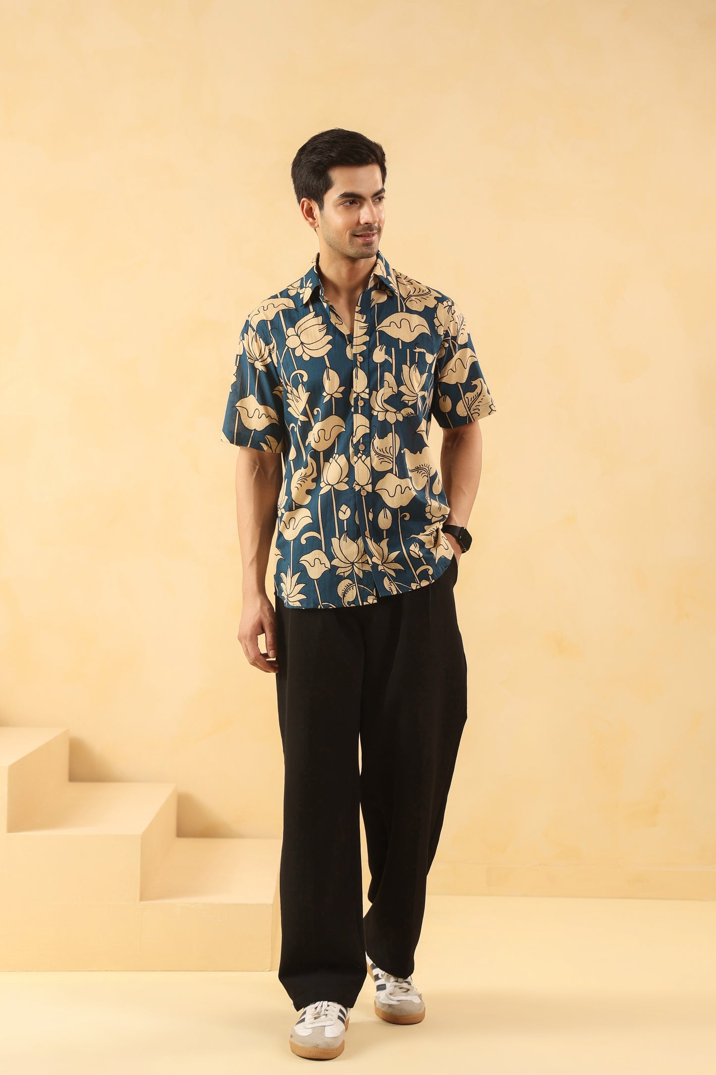 Blue Bud Cotton Half Sleeve Shirt