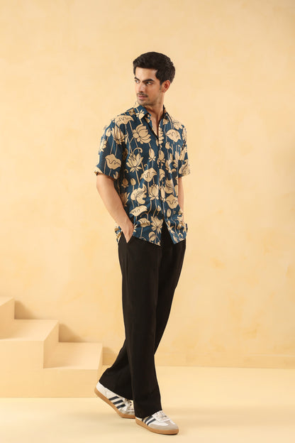 Blue Bud Cotton Half Sleeve Shirt