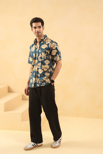 Blue Bud Cotton Half Sleeve Shirt