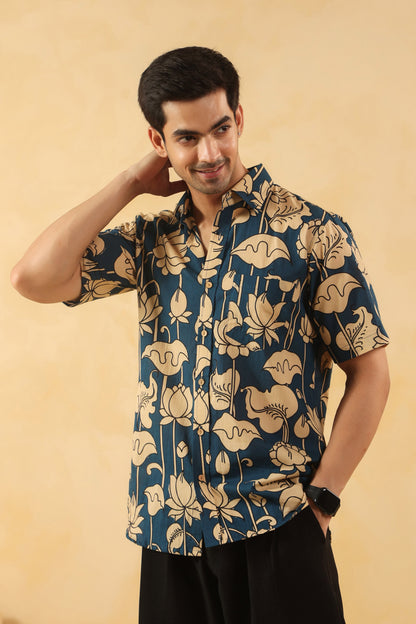 Blue Bud Cotton Half Sleeve Shirt