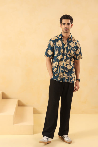 Blue Bud Cotton Half Sleeve Shirt