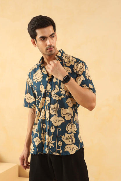 Blue Bud Cotton Half Sleeve Shirt