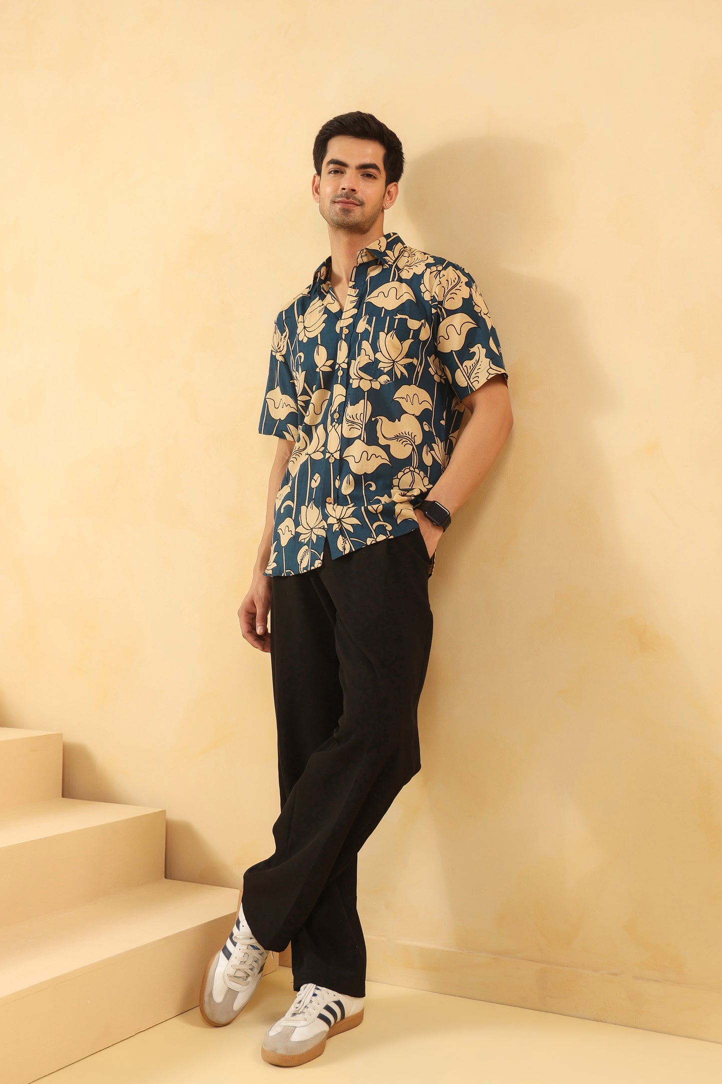 Blue Bud Cotton Half Sleeve Shirt
